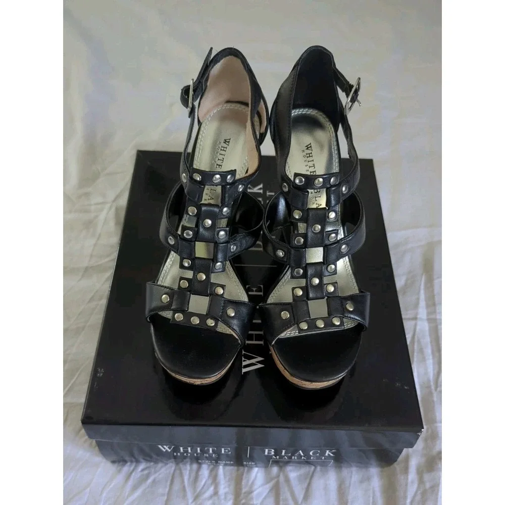 WHBM Wedge Sandals Black Leather Studded Strappy Sz 6M Edgy Goth Punk Going Out